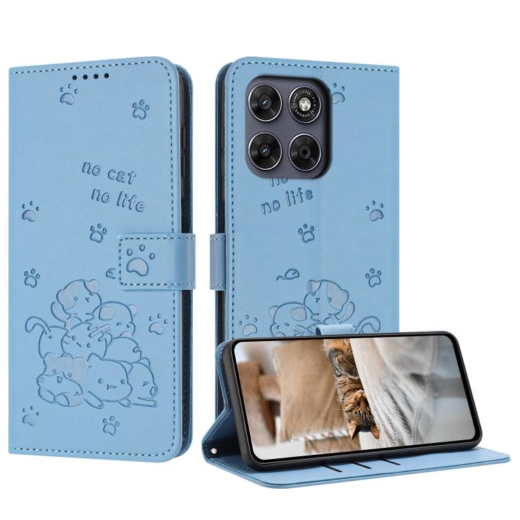 Embossed Kitten Phone Leather Case with Lanyard – Lanyard, Card Slot, Leather, For Motorola Edge 70 Max 5G, For Motorola Moto G Max / G87 / G77 5G, For Motorola Edge 5G 2026, For Motorola Moto G37 / G37 Power / G47 For Motorola Moto G Max G87 G77 5G Blue