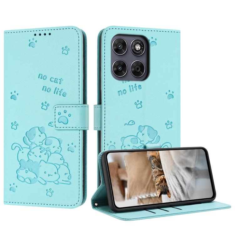 Embossed Kitten Phone Leather Case with Lanyard – Lanyard, Card Slot, Leather, For Motorola Edge 70 Pro 5G, For Motorola Moto G17 / G17 Power 4G, For Motorola Edge 70 Fusion 5G, For Motorola Moto G67 Power / G57 Power For Motorola Edge 70 Pro 5G Mint Green