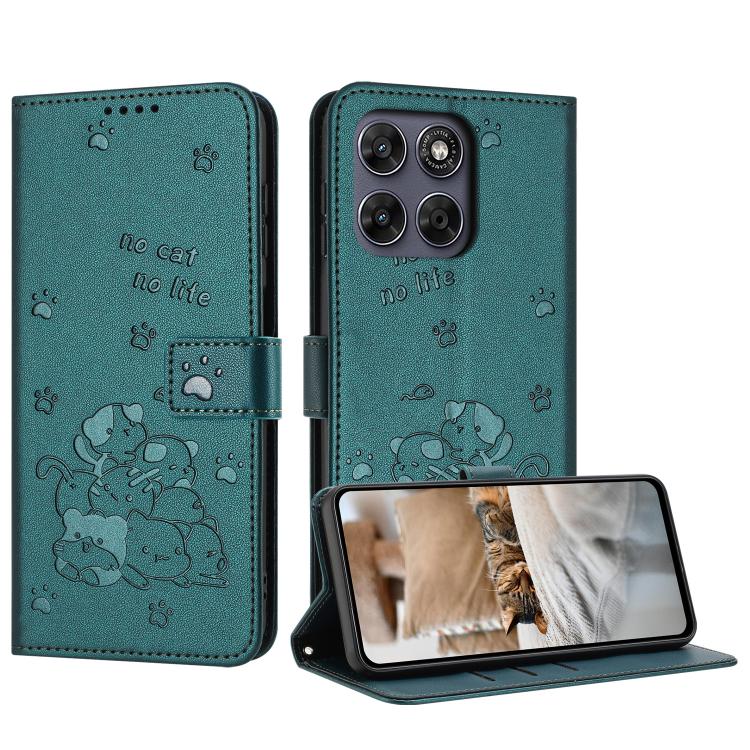 Embossed Kitten Phone Leather Case with Lanyard – Lanyard, Card Slot, Leather, For Motorola Edge 70 Pro 5G, For Motorola Moto G17 / G17 Power 4G, For Motorola Edge 70 Fusion 5G, For Motorola Moto G67 Power / G57 Power For Motorola Edge 70 Pro 5G Dark Green