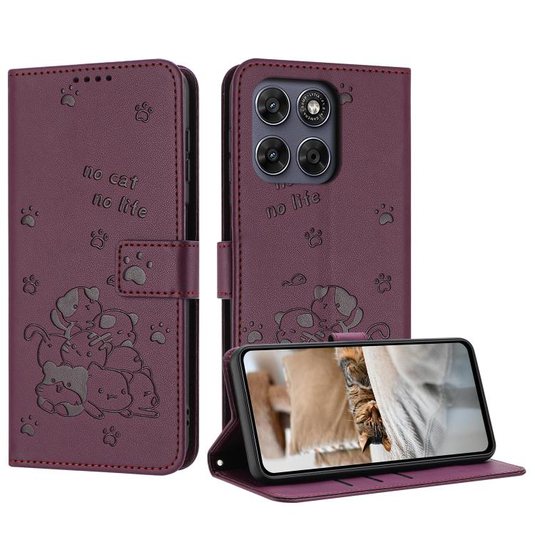 Embossed Kitten Phone Leather Case with Lanyard – Lanyard, Card Slot, Leather, For Motorola Edge 70 Pro 5G, For Motorola Moto G17 / G17 Power 4G, For Motorola Edge 70 Fusion 5G, For Motorola Moto G67 Power / G57 Power For Motorola Edge 70 Pro 5G Wine Red