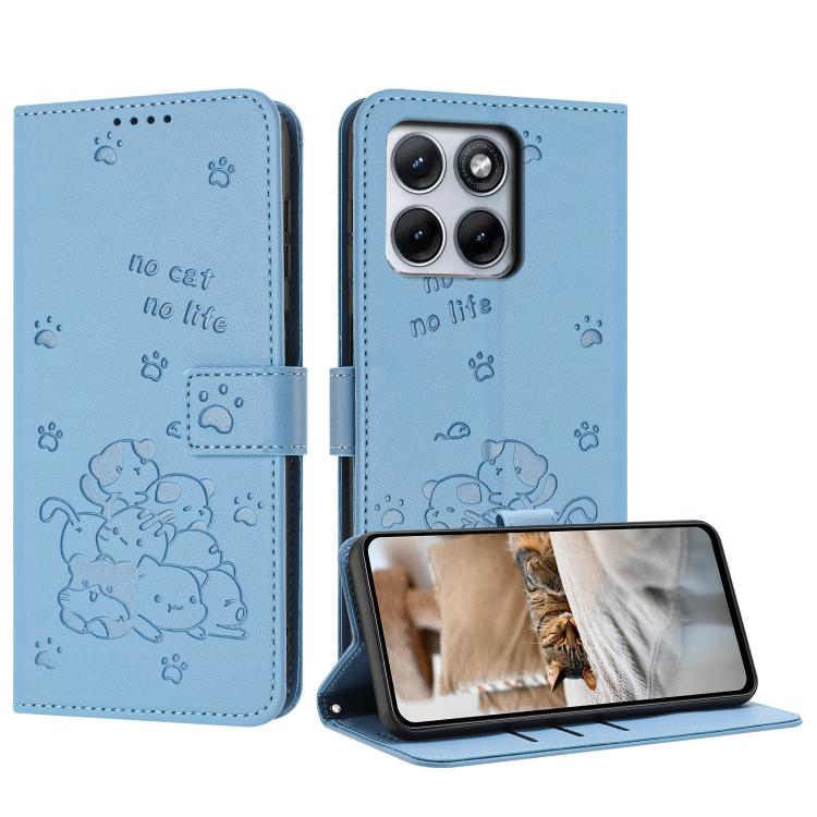 Embossed Kitten Phone Leather Case with Lanyard – Lanyard, Card Slot, Leather, For Motorola Edge 70 Max 5G, For Motorola Moto G Max / G87 / G77 5G, For Motorola Edge 5G 2026, For Motorola Moto G37 / G37 Power / G47 For Motorola Edge 5G 2026 Blue