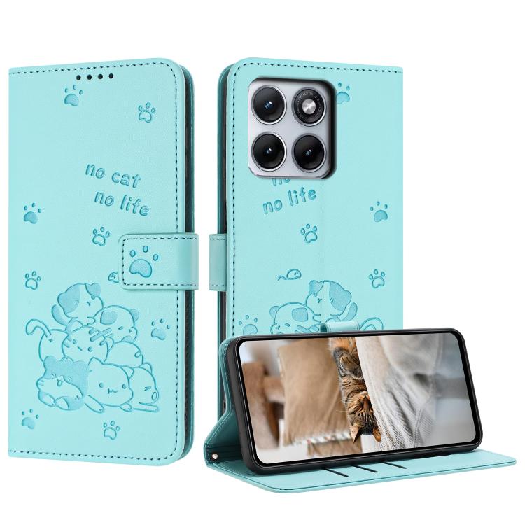Embossed Kitten Phone Leather Case with Lanyard – Lanyard, Card Slot, Leather, For Motorola Edge 70 Max 5G, For Motorola Moto G Max / G87 / G77 5G, For Motorola Edge 5G 2026, For Motorola Moto G37 / G37 Power / G47 For Motorola Edge 5G 2026 Mint Green