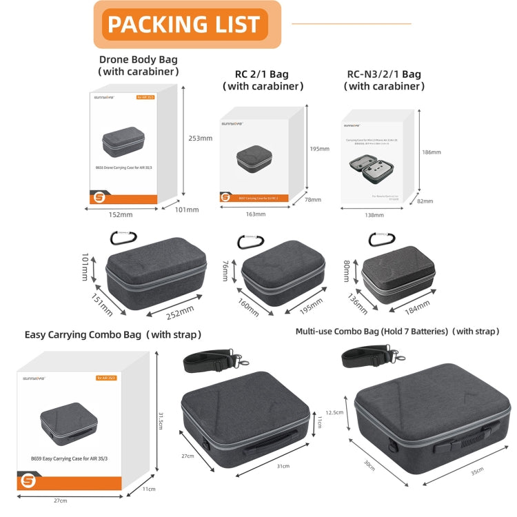 Sunnylife Carrying Case Bag, B657 For DJI RC 2 / 1 Control Bag, A3-B658 Drone Body Bag, A3-B660 Batteries Bag – Durable Build, Easy to Use