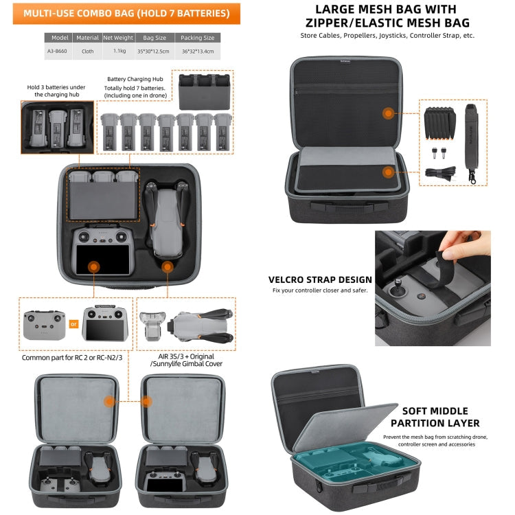 Sunnylife Carrying Case Bag, B657 For DJI RC 2 / 1 Control Bag, A3-B658 Drone Body Bag, A3-B660 Batteries Bag – Durable Build, Easy to Use
