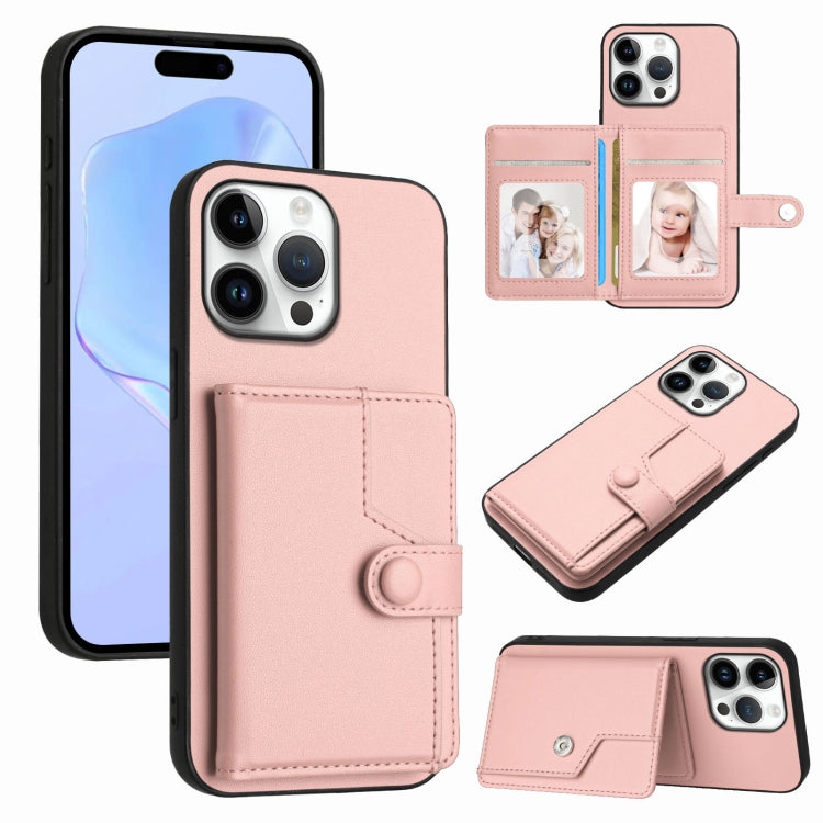 Button Card Bag RFID Anti-theft Phone Case – Leather, TPU, For iPhone 16 Pro Max, For iPhone 16 Pro, For iPhone 16 Plus, For iPhone 16 For iPhone 16 Pro Max Pink