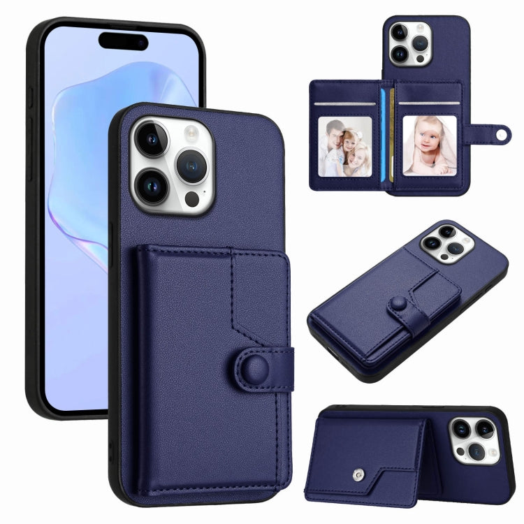 Button Card Bag RFID Anti-theft Phone Case – Leather, TPU, For iPhone 16 Pro Max, For iPhone 16 Pro, For iPhone 16 Plus, For iPhone 16 For iPhone 16 Pro Max Blue
