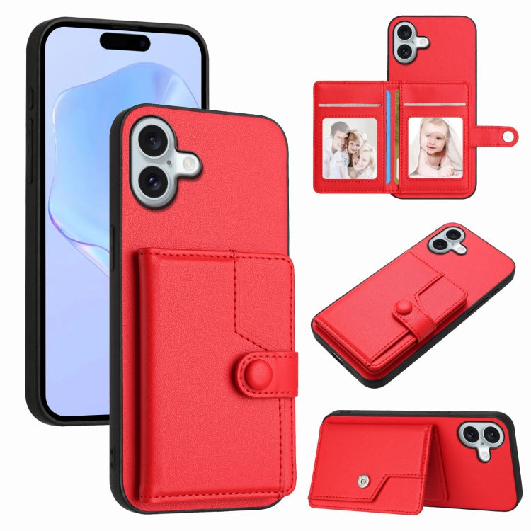 Button Card Bag RFID Anti-theft Phone Case – Leather, TPU, For iPhone 16 Pro Max, For iPhone 16 Pro, For iPhone 16 Plus, For iPhone 16 For iPhone 16 Plus Red