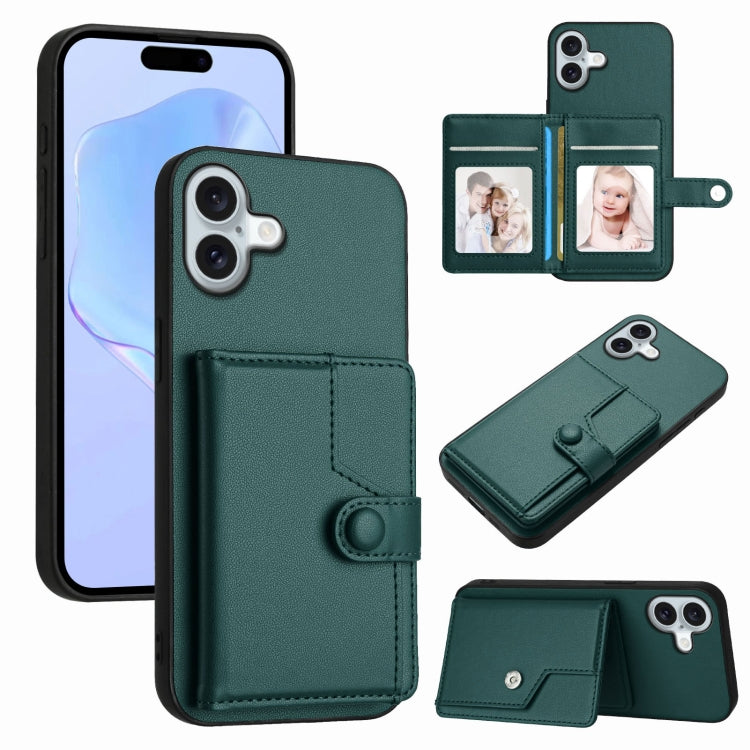 Button Card Bag RFID Anti-theft Phone Case – Leather, TPU, For iPhone 16 Pro Max, For iPhone 16 Pro, For iPhone 16 Plus, For iPhone 16 For iPhone 16 Plus Green