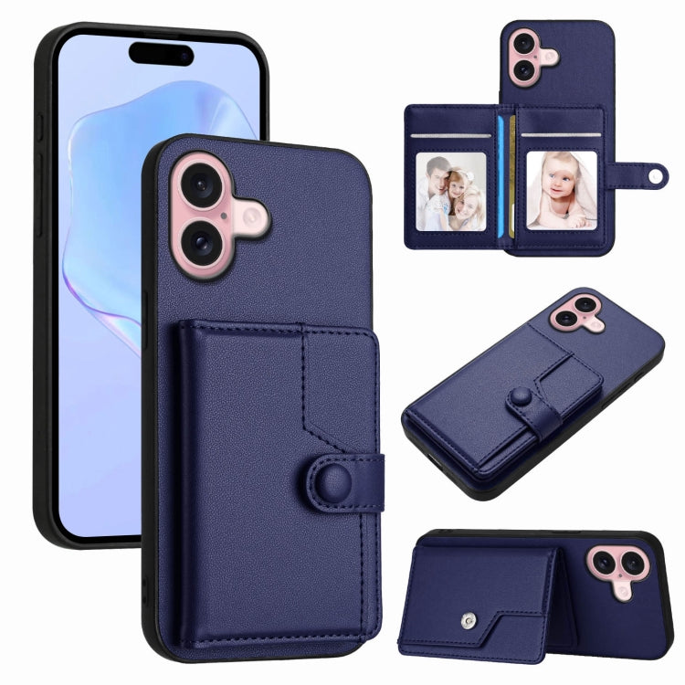 Button Card Bag RFID Anti-theft Phone Case – Leather, TPU, For iPhone 16 Pro Max, For iPhone 16 Pro, For iPhone 16 Plus, For iPhone 16 For iPhone 16 Blue
