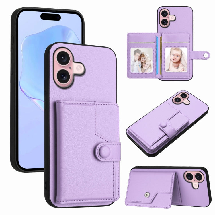 Button Card Bag RFID Anti-theft Phone Case – Leather, TPU, For iPhone 16 Pro Max, For iPhone 16 Pro, For iPhone 16 Plus, For iPhone 16 For iPhone 16 Purple
