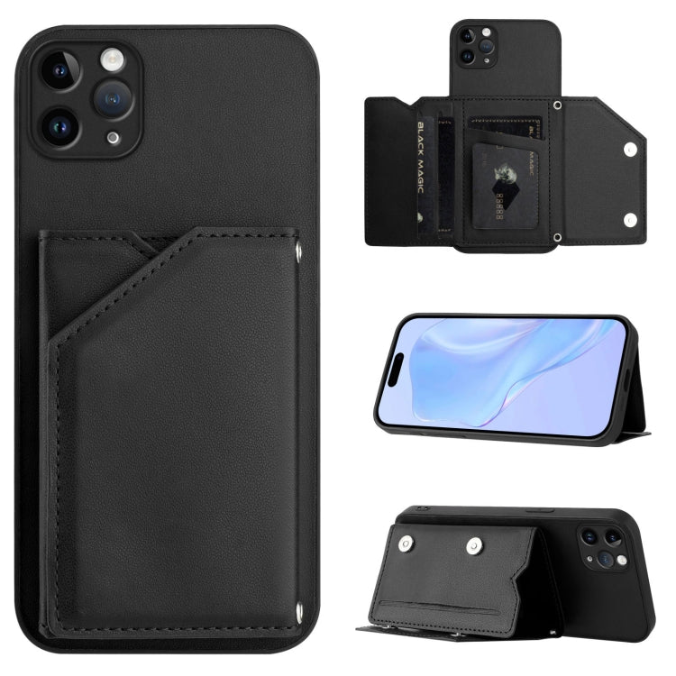 Skin Feel Four Card Slots Phone Case with Wrist Strap – Magnetic, Card Slot, For iPhone 12 mini, For iPhone 11 Pro Max, For iPhone 11, For iPhone 11 Pro For iPhone 11 Pro Max Black