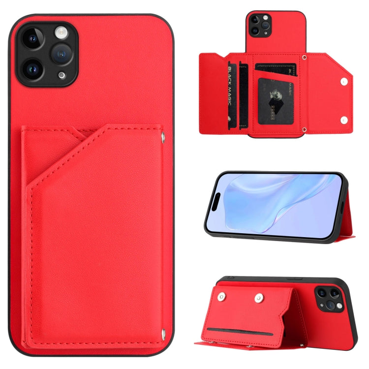 Skin Feel Four Card Slots Phone Case with Wrist Strap – Magnetic, Card Slot, For iPhone 12 mini, For iPhone 11 Pro Max, For iPhone 11, For iPhone 11 Pro For iPhone 11 Pro Max Red