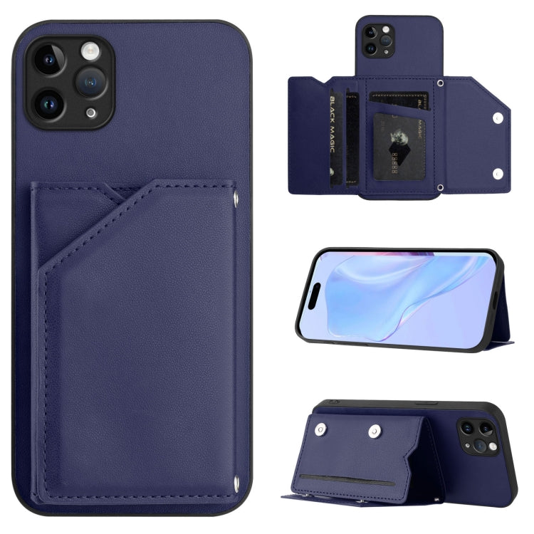 Skin Feel Four Card Slots Phone Case with Wrist Strap – Magnetic, Card Slot, For iPhone 12 mini, For iPhone 11 Pro Max, For iPhone 11, For iPhone 11 Pro For iPhone 11 Pro Max Blue