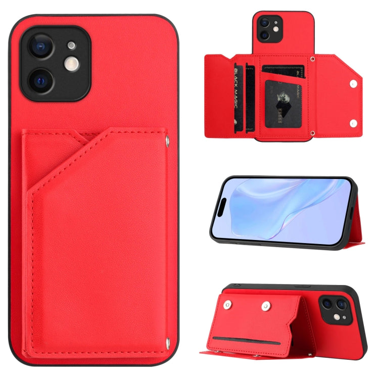 Skin Feel Four Card Slots Phone Case with Wrist Strap – Magnetic, Card Slot, For iPhone 12 mini, For iPhone 11 Pro Max, For iPhone 11, For iPhone 11 Pro For iPhone 12 mini Red