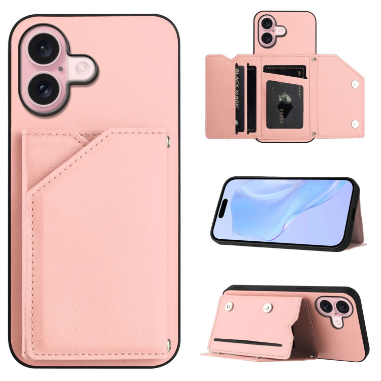 Skin Feel Four Card Slots Phone Case with Wrist Strap – Magnetic, Card Slot, For iPhone 16 Pro Max, For iPhone 16 Pro, For iPhone 16 Plus, For iPhone 16 For iPhone 16 Pink