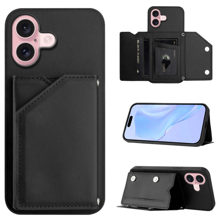 Skin Feel Four Card Slots Phone Case with Wrist Strap – Magnetic, Card Slot, For iPhone 16 Pro Max, For iPhone 16 Pro, For iPhone 16 Plus, For iPhone 16 For iPhone 16 Black