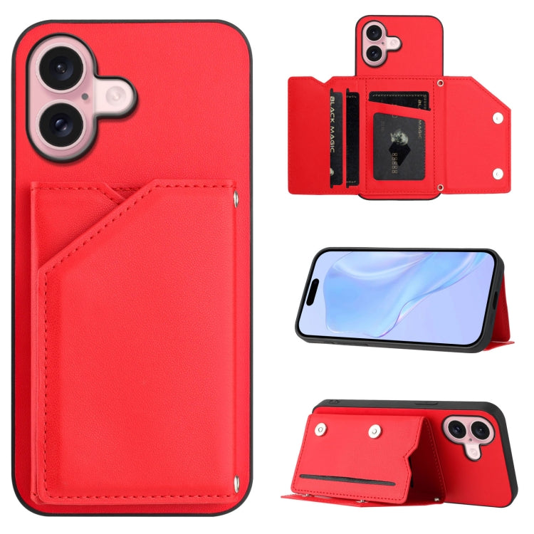 Skin Feel Four Card Slots Phone Case with Wrist Strap – Magnetic, Card Slot, For iPhone 16 Pro Max, For iPhone 16 Pro, For iPhone 16 Plus, For iPhone 16 For iPhone 16 Red