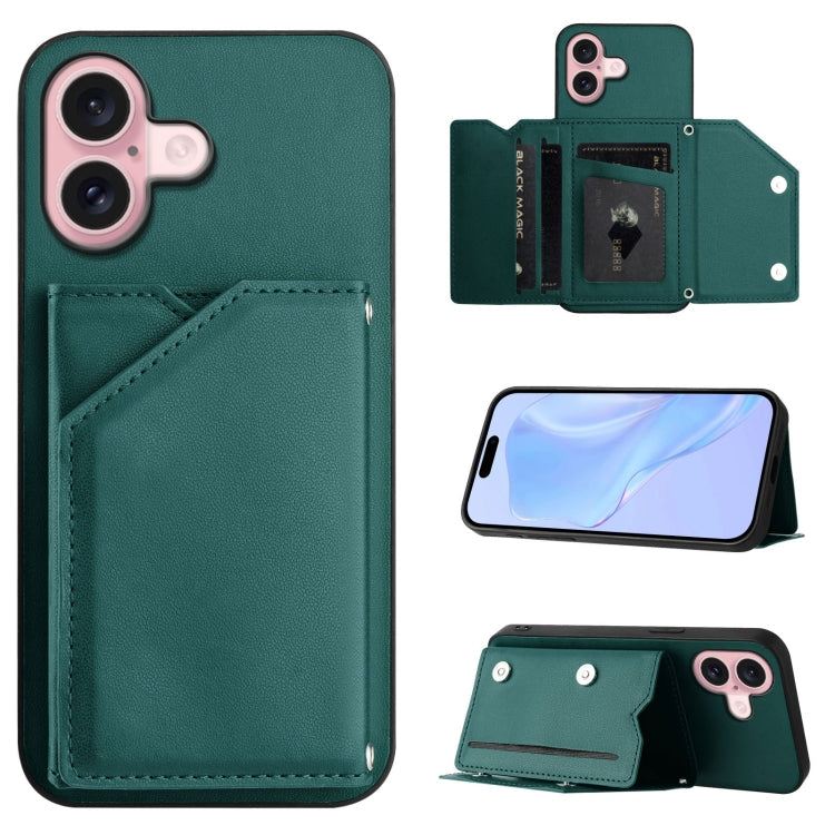 Skin Feel Four Card Slots Phone Case with Wrist Strap – Magnetic, Card Slot, For iPhone 16 Pro Max, For iPhone 16 Pro, For iPhone 16 Plus, For iPhone 16 For iPhone 16 Green