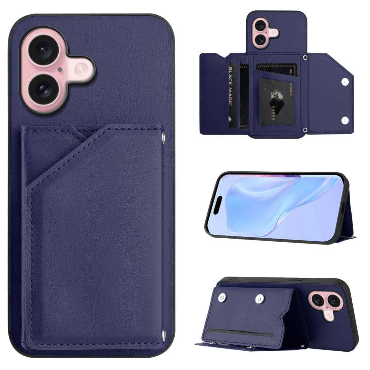 Skin Feel Four Card Slots Phone Case with Wrist Strap – Magnetic, Card Slot, For iPhone 16 Pro Max, For iPhone 16 Pro, For iPhone 16 Plus, For iPhone 16 For iPhone 16 Blue