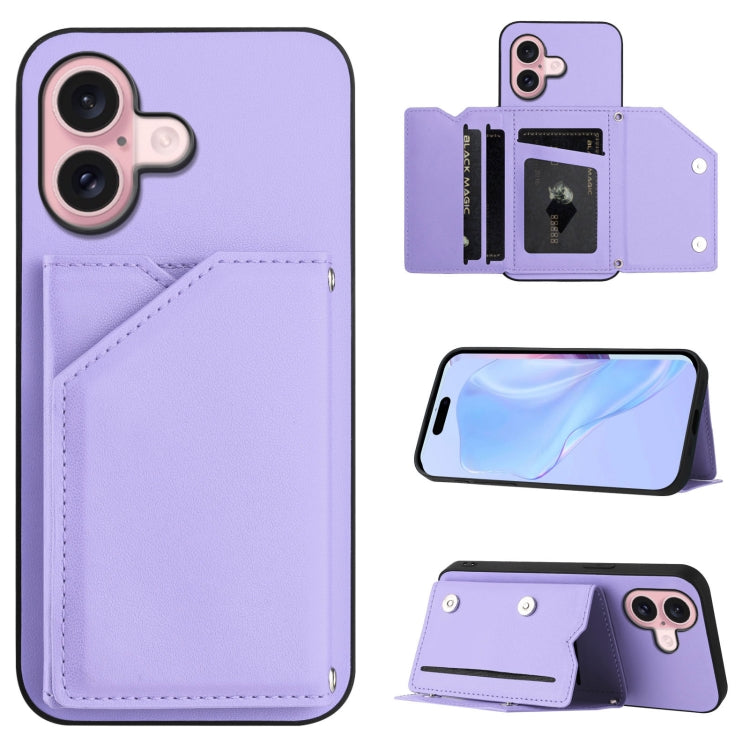 Skin Feel Four Card Slots Phone Case with Wrist Strap – Magnetic, Card Slot, For iPhone 16 Pro Max, For iPhone 16 Pro, For iPhone 16 Plus, For iPhone 16 For iPhone 16 Purple