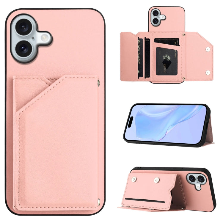 Skin Feel Four Card Slots Phone Case with Wrist Strap – Magnetic, Card Slot, For iPhone 16 Pro Max, For iPhone 16 Pro, For iPhone 16 Plus, For iPhone 16 For iPhone 16 Plus Pink