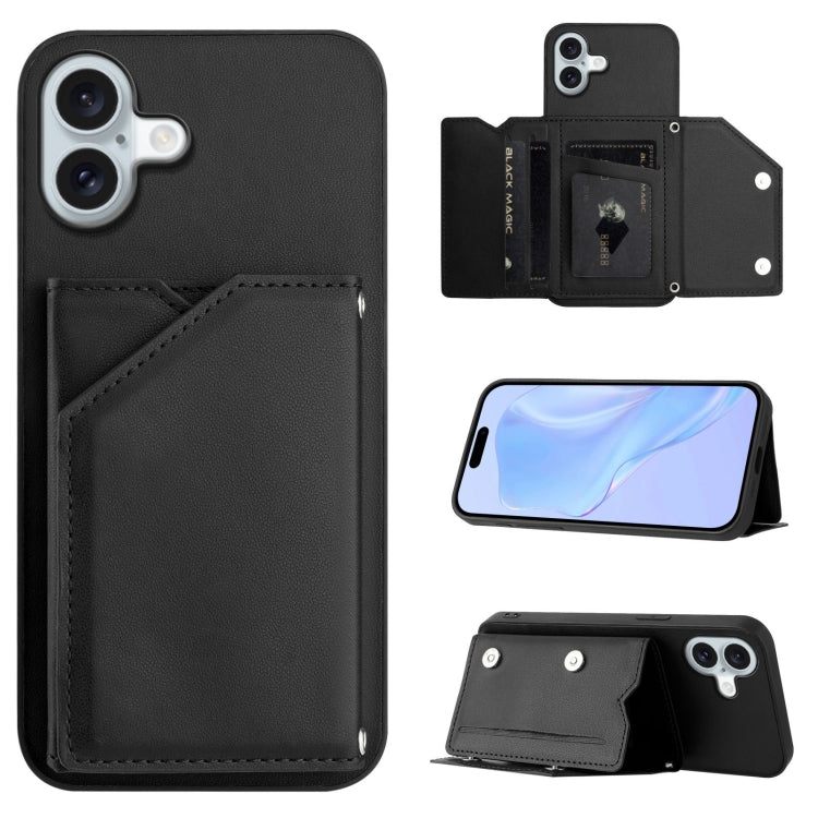 Skin Feel Four Card Slots Phone Case with Wrist Strap – Magnetic, Card Slot, For iPhone 16 Pro Max, For iPhone 16 Pro, For iPhone 16 Plus, For iPhone 16 For iPhone 16 Plus Black