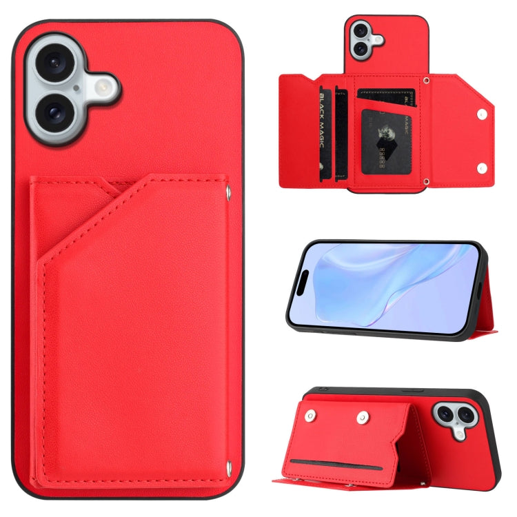 Skin Feel Four Card Slots Phone Case with Wrist Strap – Magnetic, Card Slot, For iPhone 16 Pro Max, For iPhone 16 Pro, For iPhone 16 Plus, For iPhone 16 For iPhone 16 Plus Red
