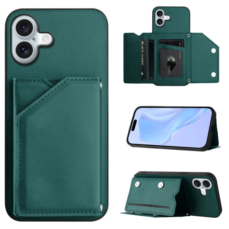 Skin Feel Four Card Slots Phone Case with Wrist Strap – Magnetic, Card Slot, For iPhone 16 Pro Max, For iPhone 16 Pro, For iPhone 16 Plus, For iPhone 16 For iPhone 16 Plus Green