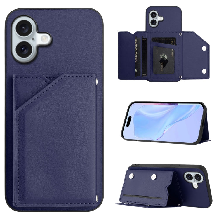Skin Feel Four Card Slots Phone Case with Wrist Strap – Magnetic, Card Slot, For iPhone 16 Pro Max, For iPhone 16 Pro, For iPhone 16 Plus, For iPhone 16 For iPhone 16 Plus Blue