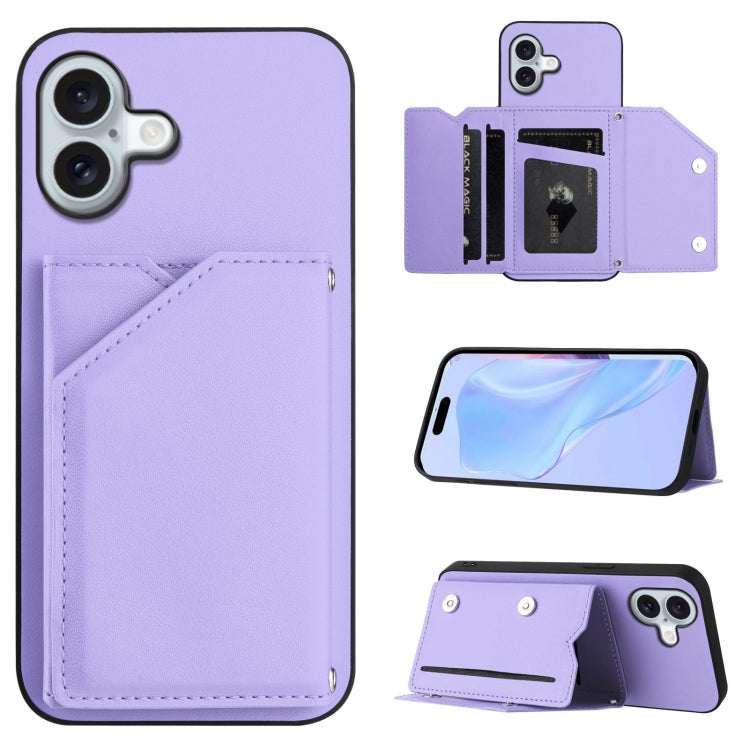Skin Feel Four Card Slots Phone Case with Wrist Strap – Magnetic, Card Slot, For iPhone 16 Pro Max, For iPhone 16 Pro, For iPhone 16 Plus, For iPhone 16 For iPhone 16 Plus Purple