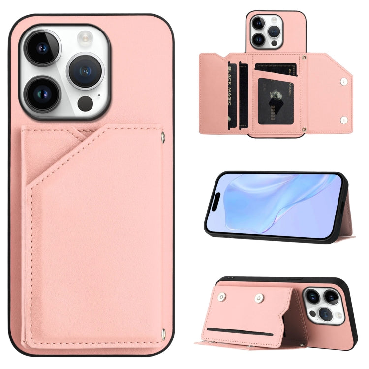 Skin Feel Four Card Slots Phone Case with Wrist Strap – Magnetic, Card Slot, For iPhone 16 Pro Max, For iPhone 16 Pro, For iPhone 16 Plus, For iPhone 16 For iPhone 16 Pro Pink