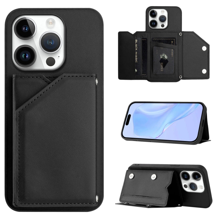 Skin Feel Four Card Slots Phone Case with Wrist Strap – Magnetic, Card Slot, For iPhone 16 Pro Max, For iPhone 16 Pro, For iPhone 16 Plus, For iPhone 16 For iPhone 16 Pro Black