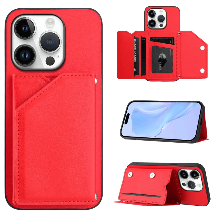 Skin Feel Four Card Slots Phone Case with Wrist Strap – Magnetic, Card Slot, For iPhone 16 Pro Max, For iPhone 16 Pro, For iPhone 16 Plus, For iPhone 16 For iPhone 16 Pro Red
