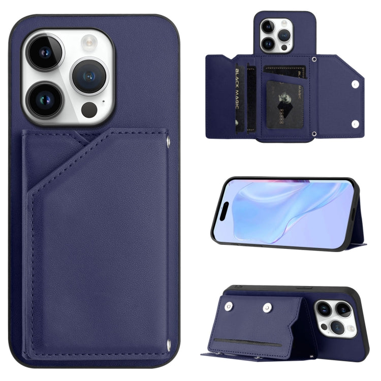 Skin Feel Four Card Slots Phone Case with Wrist Strap – Magnetic, Card Slot, For iPhone 16 Pro Max, For iPhone 16 Pro, For iPhone 16 Plus, For iPhone 16 For iPhone 16 Pro Blue