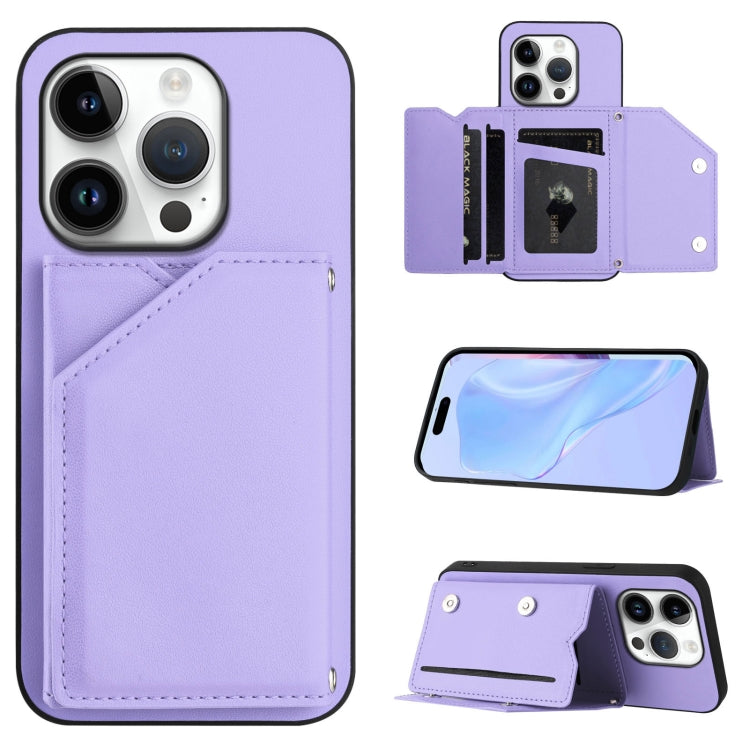 Skin Feel Four Card Slots Phone Case with Wrist Strap – Magnetic, Card Slot, For iPhone 16 Pro Max, For iPhone 16 Pro, For iPhone 16 Plus, For iPhone 16 For iPhone 16 Pro Purple