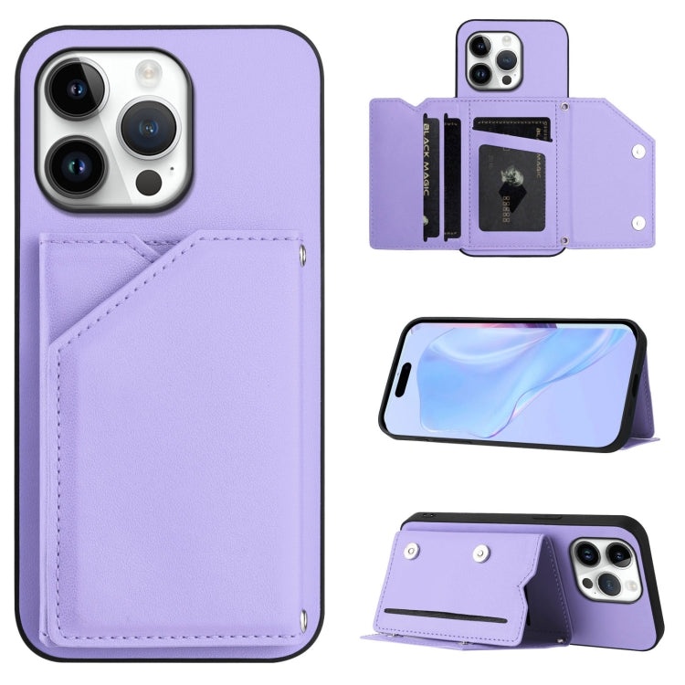 Skin Feel Four Card Slots Phone Case with Wrist Strap – Magnetic, Card Slot, For iPhone 16 Pro Max, For iPhone 16 Pro, For iPhone 16 Plus, For iPhone 16 For iPhone 16 Pro Max Purple