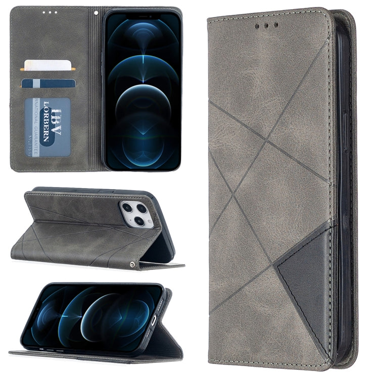 Rhombus Texture Horizontal Flip Magnetic Leather Case with Holder & Card Slots, For iPhone 12 Pro Max For iPhone 12 Pro Max Grey