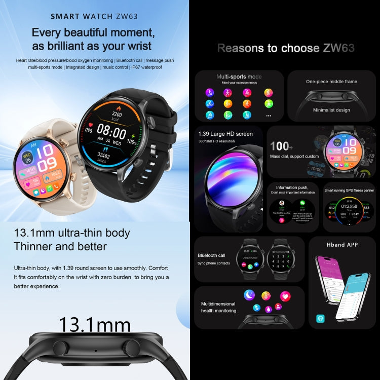 ZW63 Smart Watch – 1.39" Screen, Blood Pressure Monitoring, Heart Rate Monitoring