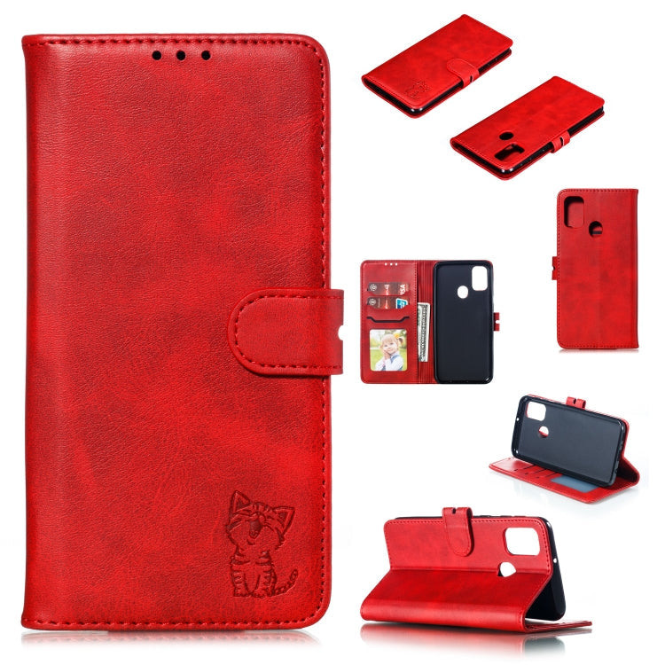 Embossed Happy Cat Pattern Horizontal Flip Leather Case with Holder & Card Slots & Wallet & Photo Frame, For Samsung Galaxy A21s, For Samsung Galaxy A71 5G, For Samsung Galaxy Note20, For Samsung Galaxy Note20 Ultra For Samsung Galaxy A21s Red