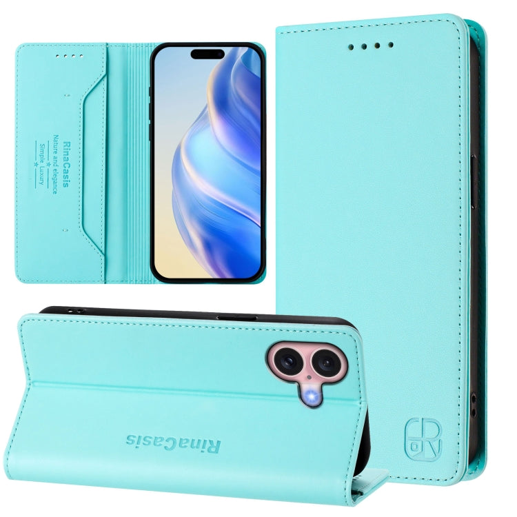 RC01 Dual-Folded Magnetic Suction RFID Leather Phone Case – Wear-resistant, Magnetic, Card Slot, For iPhone 16 Pro, For iPhone 16 Plus, For iPhone 16 For iPhone 16 Plus Mint Green