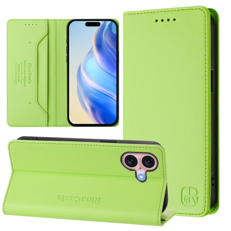 RC01 Dual-Folded Magnetic Suction RFID Leather Phone Case – Wear-resistant, Magnetic, Card Slot, For iPhone 16 Pro, For iPhone 16 Plus, For iPhone 16 For iPhone 16 Grass Green