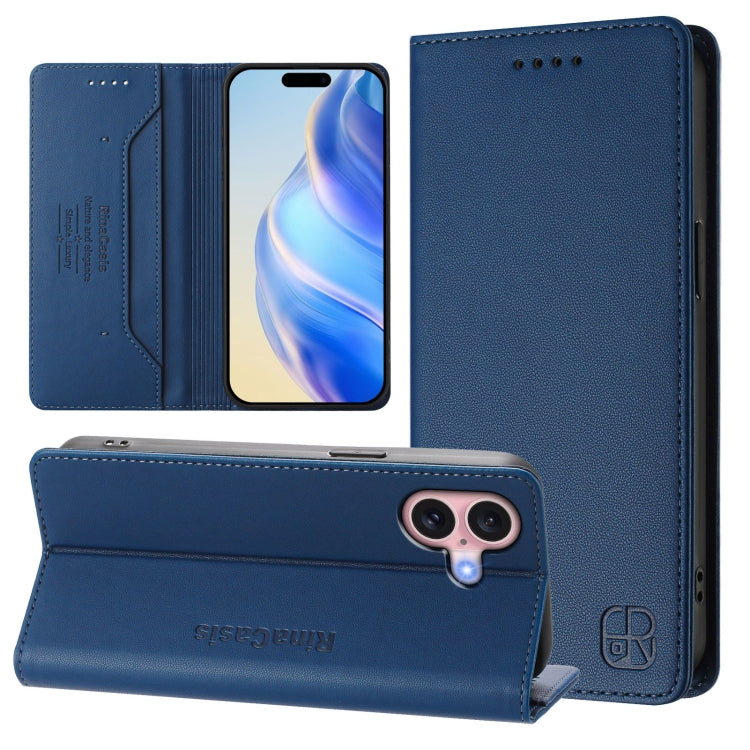 RC01 Dual-Folded Magnetic Suction RFID Leather Phone Case – Wear-resistant, Magnetic, Card Slot, For iPhone 16 Pro, For iPhone 16 Plus, For iPhone 16 For iPhone 16 Dark Blue