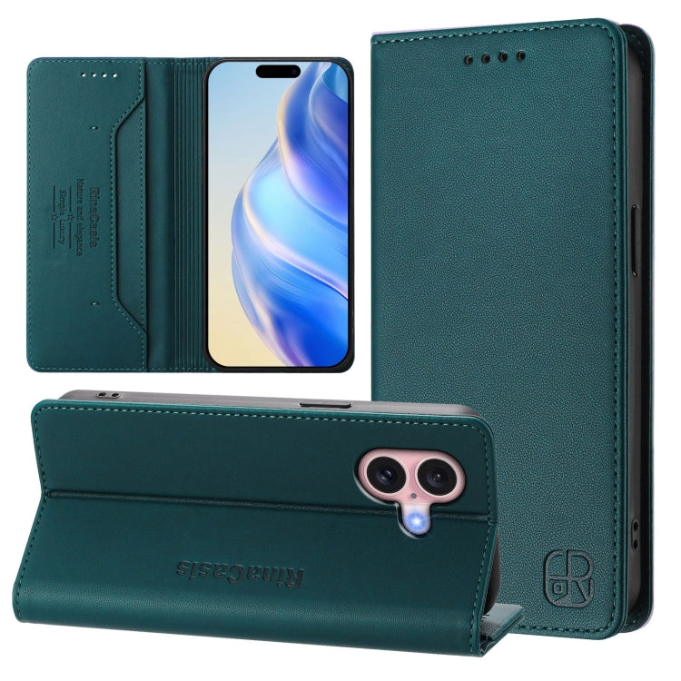 RC01 Dual-Folded Magnetic Suction RFID Leather Phone Case – Wear-resistant, Magnetic, Card Slot, For iPhone 16 Pro, For iPhone 16 Plus, For iPhone 16 For iPhone 16 Dark Green