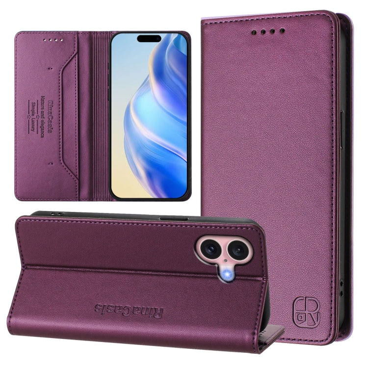 RC01 Dual-Folded Magnetic Suction RFID Leather Phone Case – Wear-resistant, Magnetic, Card Slot, For iPhone 16 Pro, For iPhone 16 Plus, For iPhone 16 For iPhone 16 Violet
