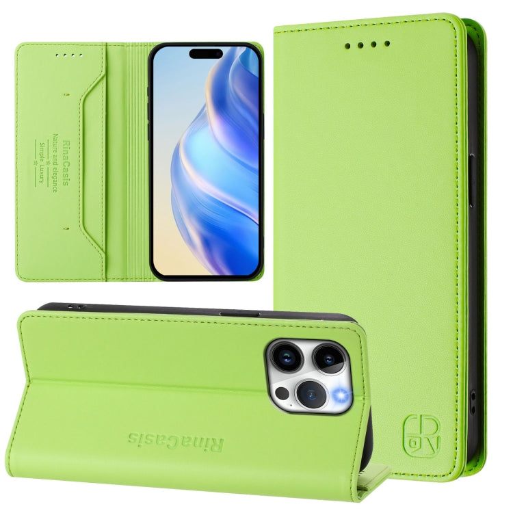 RC01 Dual-Folded Magnetic Suction RFID Leather Phone Case – Wear-resistant, Magnetic, Card Slot, For iPhone 15 Pro Max, For iPhone 15 Pro, For iPhone 15 Plus For iPhone 15 Pro Max Grass Green