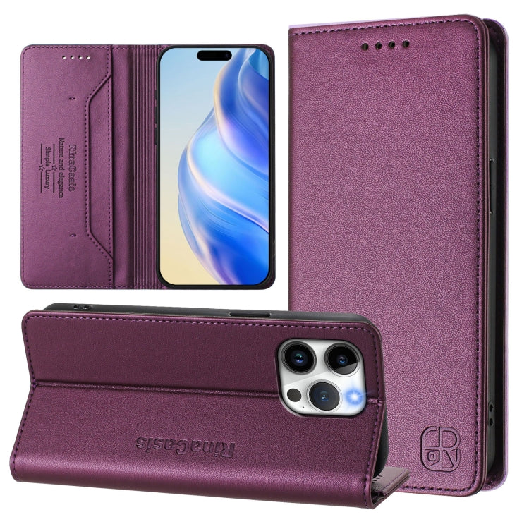 RC01 Dual-Folded Magnetic Suction RFID Leather Phone Case – Wear-resistant, Magnetic, Card Slot, For iPhone 15 Pro Max, For iPhone 15 Pro, For iPhone 15 Plus For iPhone 15 Pro Max Violet