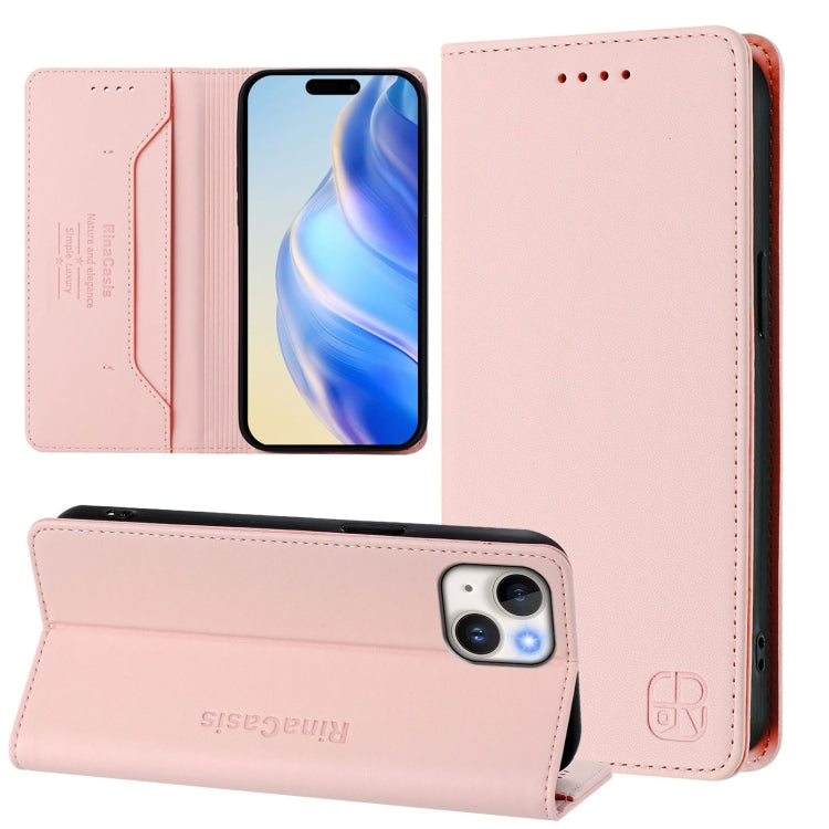 RC01 Dual-Folded Magnetic Suction RFID Leather Phone Case – Wear-resistant, Magnetic, Card Slot, For iPhone 15 Pro Max, For iPhone 15 Pro, For iPhone 15 Plus For iPhone 15 Plus Pink