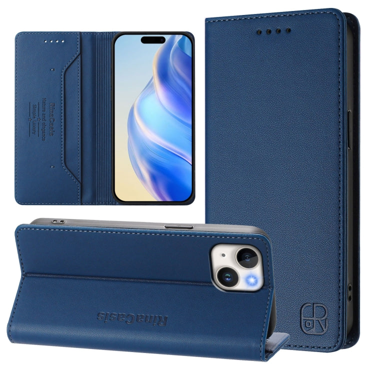 RC01 Dual-Folded Magnetic Suction RFID Leather Phone Case – Wear-resistant, Magnetic, Card Slot, For iPhone 15 Pro Max, For iPhone 15 Pro, For iPhone 15 Plus For iPhone 15 Plus Dark Blue