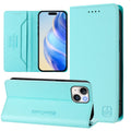 RC01 Dual-Folded Magnetic Suction RFID Leather Phone Case, For iPhone 15, For iPhone 14 Plus, For iPhone 14 / 13 For iPhone 15 Mint Green