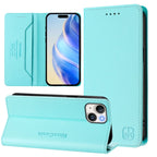 RC01 Dual-Folded Magnetic Suction RFID Leather Phone Case, For iPhone 15, For iPhone 14 Plus, For iPhone 14 / 13 For iPhone 15 Mint Green